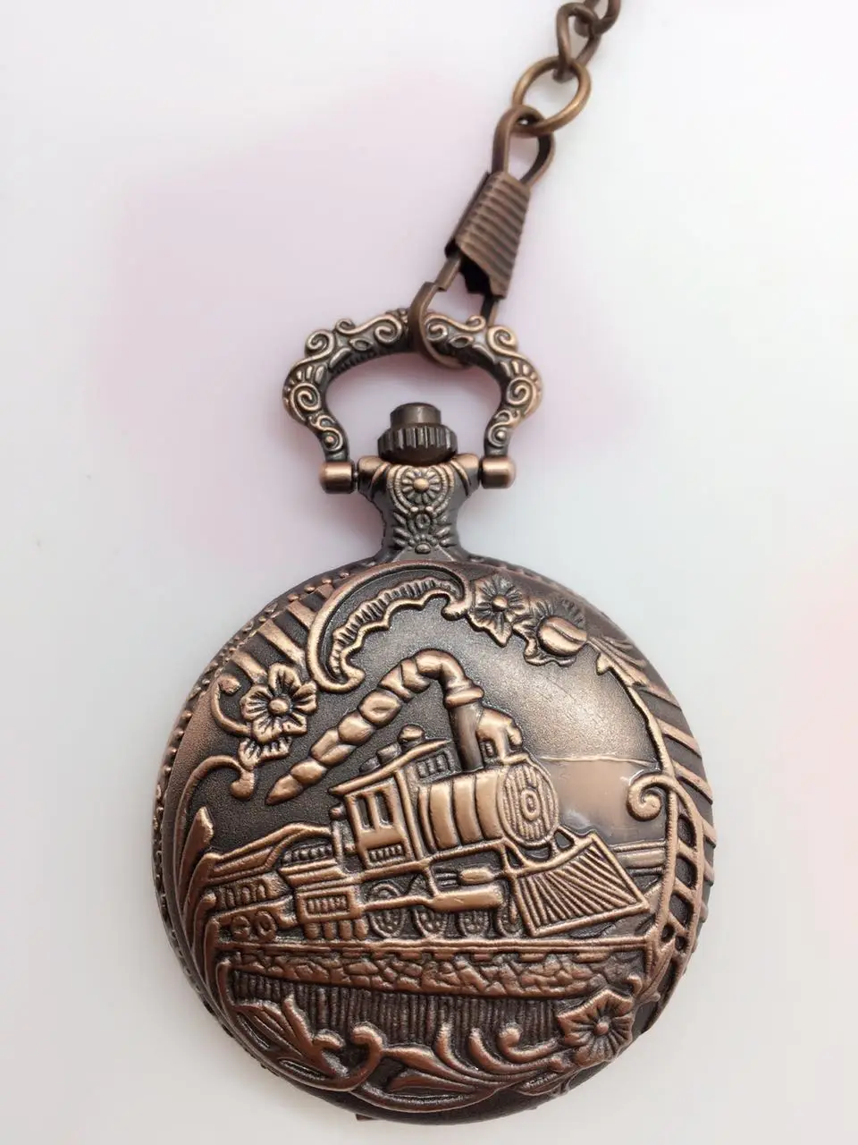 Unique Retro ANTIQUE COPPER Train Front Quartz Pocket Watch in Pocket