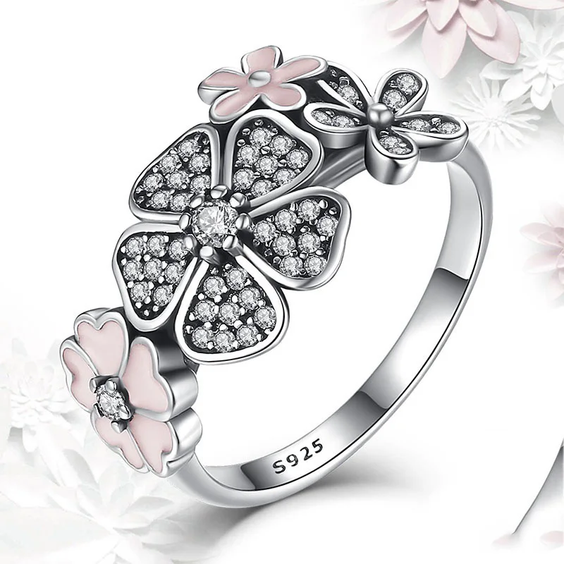 

Full Pink Lucky Clover Crystal Big Wedding Rings For Women Romantic Ring Bague Femme silver-Color Ring Female jewelry Dropship