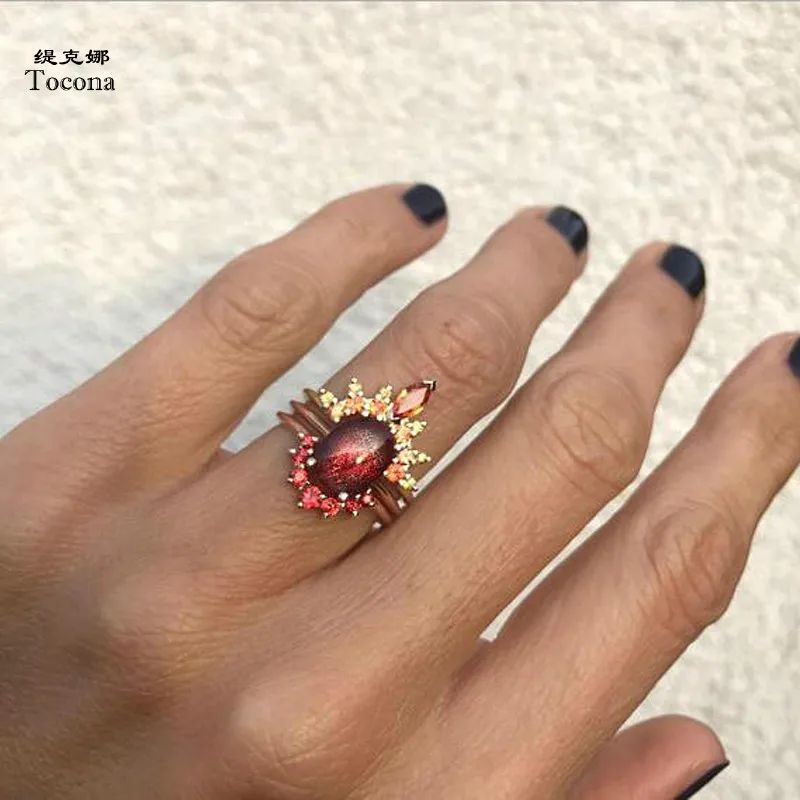 

Tocona 3pcs/Set Romantic Red Opal Stone Crystal Crown Rings Set for Women Fashion Knuckle Midi Rings Statement Jewelry 5742