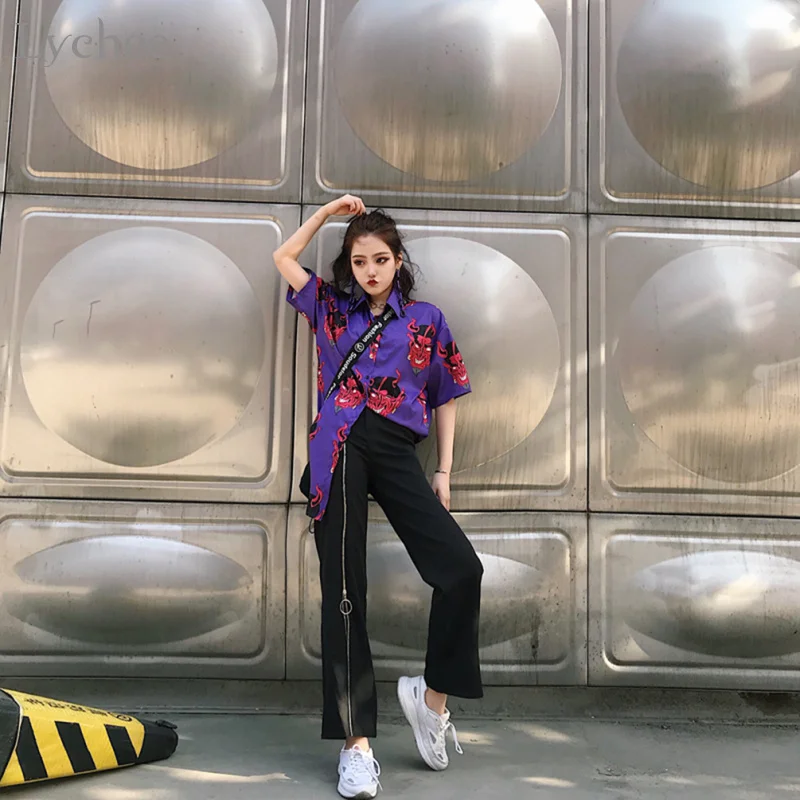 Beste Lychee Harajuku Demon Print Zomer Vrouwen Blouse Punk Gothic Casual Losse Korte Mouwen Tops Vrouwelijke