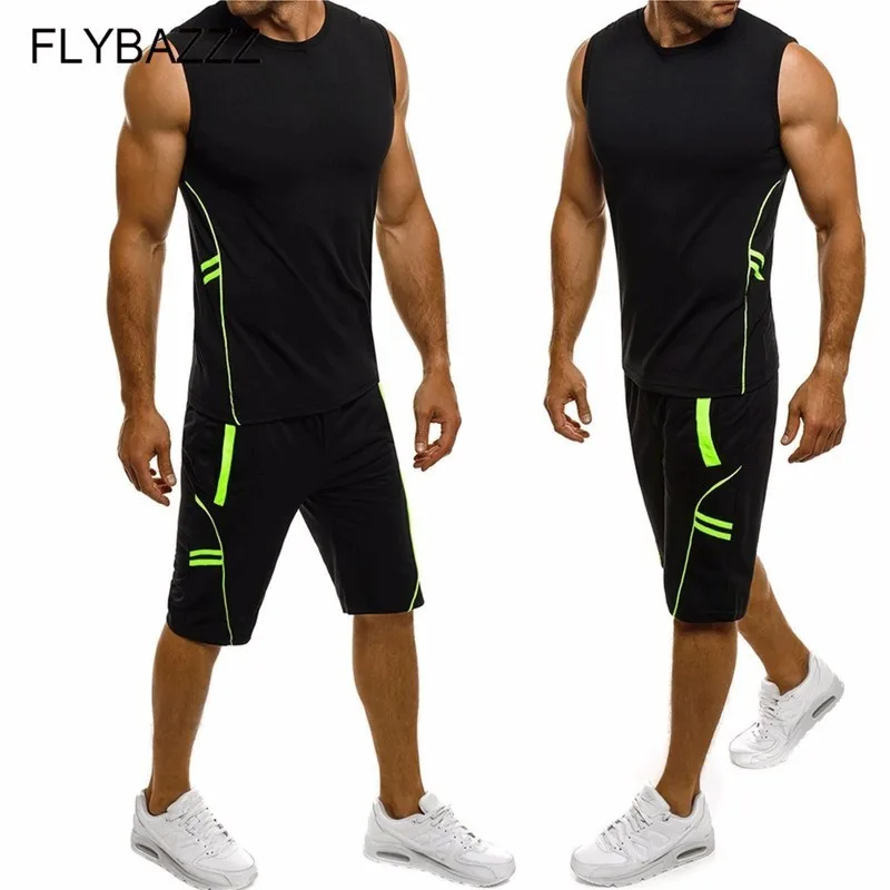 

Quick Dry Men's Sport Running Suits Summer Fitness Sportswear Gym Clothing Sets Sleeveless Vest Shorts 2PCS Jogger Tracksuit