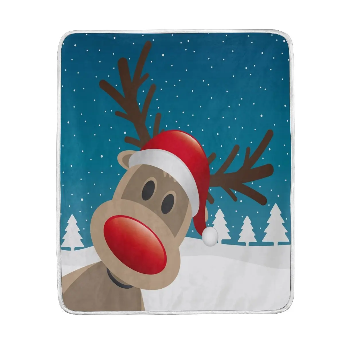 Christmas Cute Reindeer Tree Snow Blue Blanket Soft Warm Cozy Bed Couch Lightweight Polyester