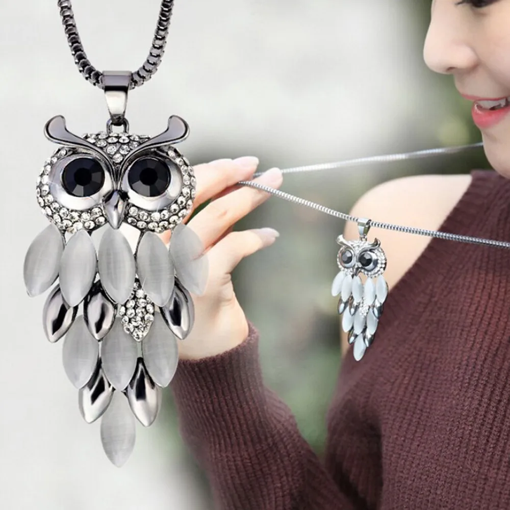 

2018 New Women Sweater Necklace Bohemia Crystal Big Eyed Owl Long Chain Pendant Necklace Women Delicate Carved Jewelry Wholesale