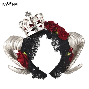 

Handmade Restyle Large Ram & Roses Horns Gothic Headpiece Crown Headband Veil Kwaii Headbands Fancy Dress Steam Punk Costumes