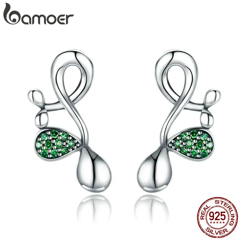 

BAMOER New Collection 925 Sterling Silver Buds of Spring Green CZ Stud Earrings for Women Sterling Silver Jewelry Gift SCE372