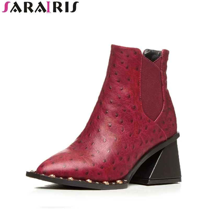 

SARAIRIS 2018 Brand Shoes Women Cow Leather Woman Chelsea Boots Black Genuine Leather Hoof Heels Ankle Boots Woman