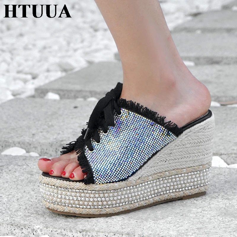 

HTUUA Summer Crystal Lace Up Women Sandals Straw Weave Boho Beach Shoes Woman Wedge Platform Slides High Heels Sandals SX2714