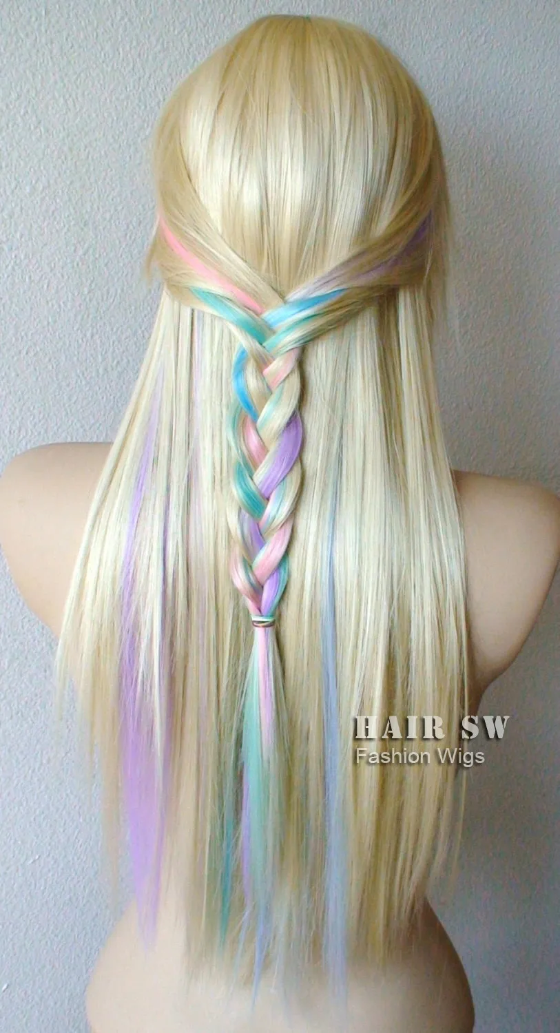 Blonde Pastel Color Highlights Rainbow Wig Fairy Princess Wig