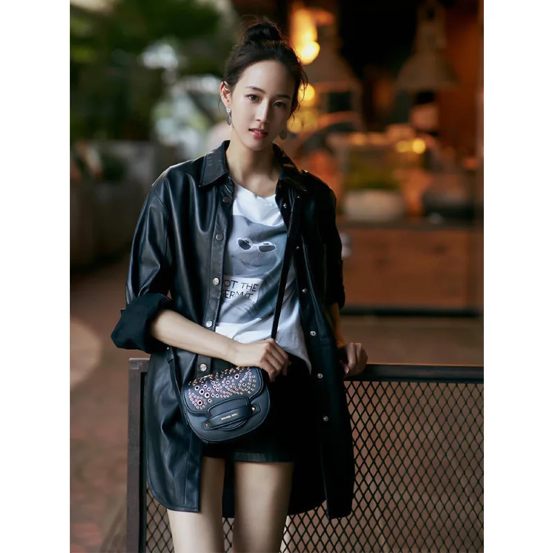 Star with Black PU Leather Coat Female Spring Loose 3D Pattern Top 2019 Turn-down Collar Pockets Black Jacket 2019 Women Coat