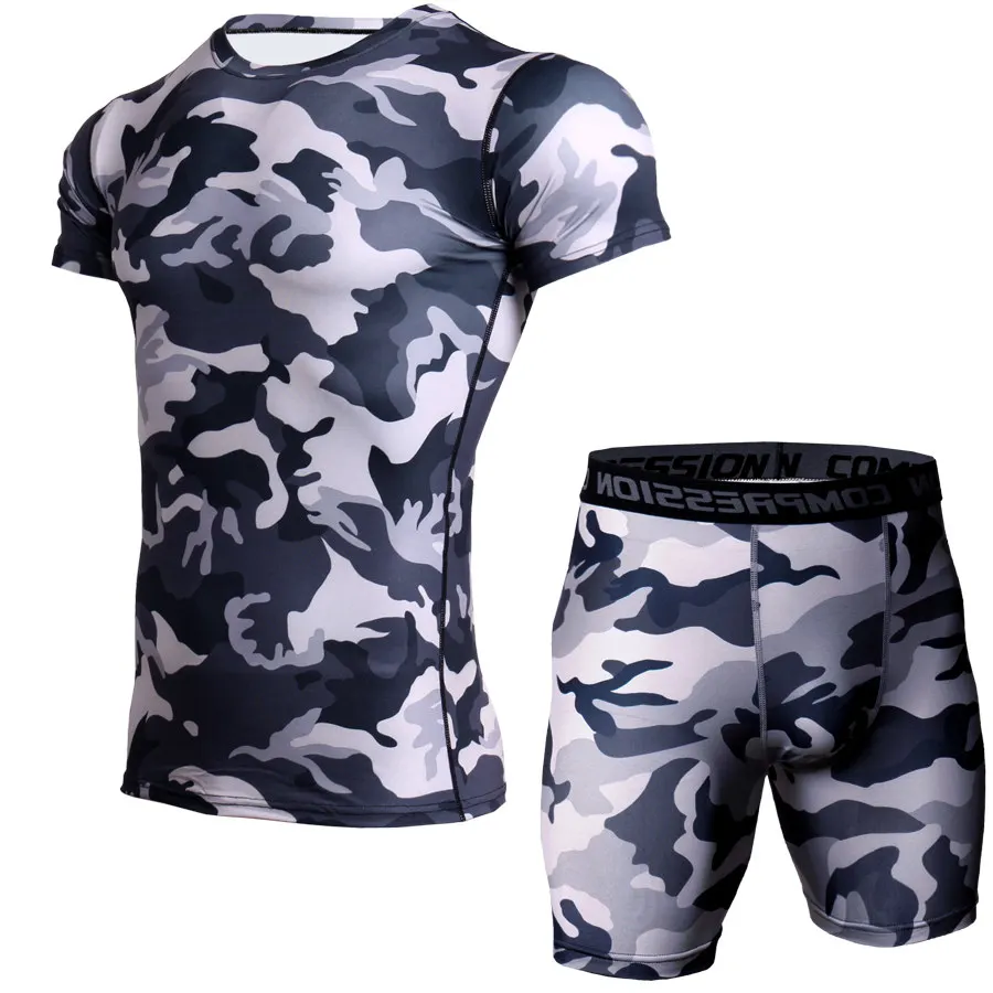 2019 Camouflage Compression Sets Men Workout Short Sleeve T Shirt Short