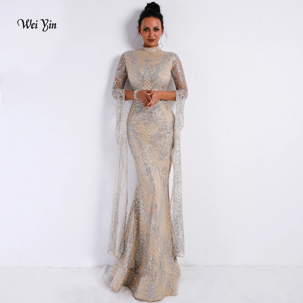 weiyin Saudi Arabic Silver Sequined Mermaid Evening Dress Long Sleeves High Neck Dubai Kaftan Prom Dresses 2019 Long Maxi Gow