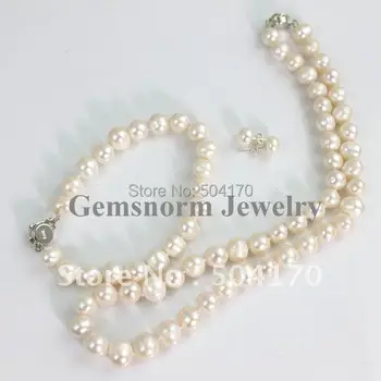 

9-10MM White Freshwater Cultured Pearl Set Super Luster Genuine Pearl Beads Jewelry Wholesale Price Hot Sale 3sets/lot FP278
