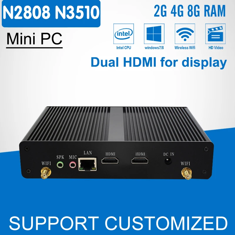 Fanless Mini PC Office Computer Celeron N2808 Pentium N3510 Quad Core 2*HDMI Media Player Windows 10 Mini Desktop HTPC Display wholesale price lga775 intel g31 chipset ddr2 desktop motherboard mainboard computer core 2 duo pentium 4 pentium d celeron