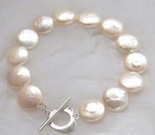 

Wholesale price 16new ^^^^Genuine White Button Coin Pearl White Gold Plated Love Heart Clasp Bracelet