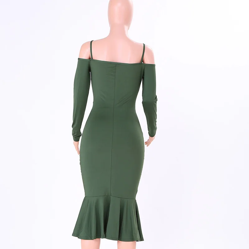 Kostlich Spaghetti Strap Long Sleeve Ruffles Mermaid Party Dresses Slash neck Bodycon Sexy Women Midi Dress 6 Colors Clothing (11)