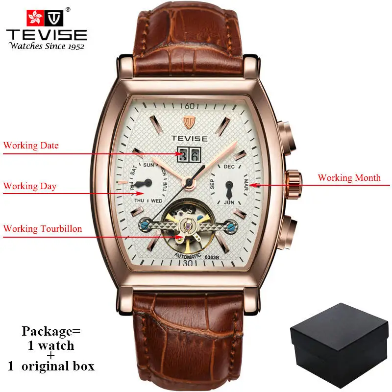 TEVISE, высокое качество, турбийон, автоматические механические часы для мужчин, самовзводные, бизнес, натуральная кожа, календарь, наручные часы, 8383B - Цвет: brown rose gold