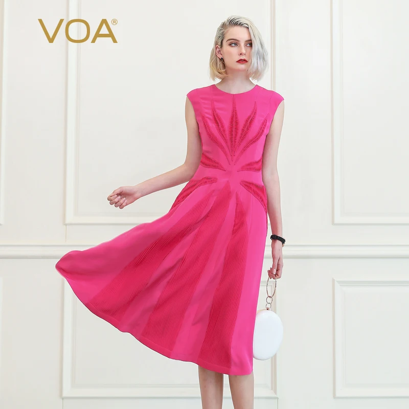 

VOA Rose Red Sleeveless Party Silk Dress Women Runway Sweet Long Dresses Fall Slim Elegant Retro Clothes Luxury Gift For A10066