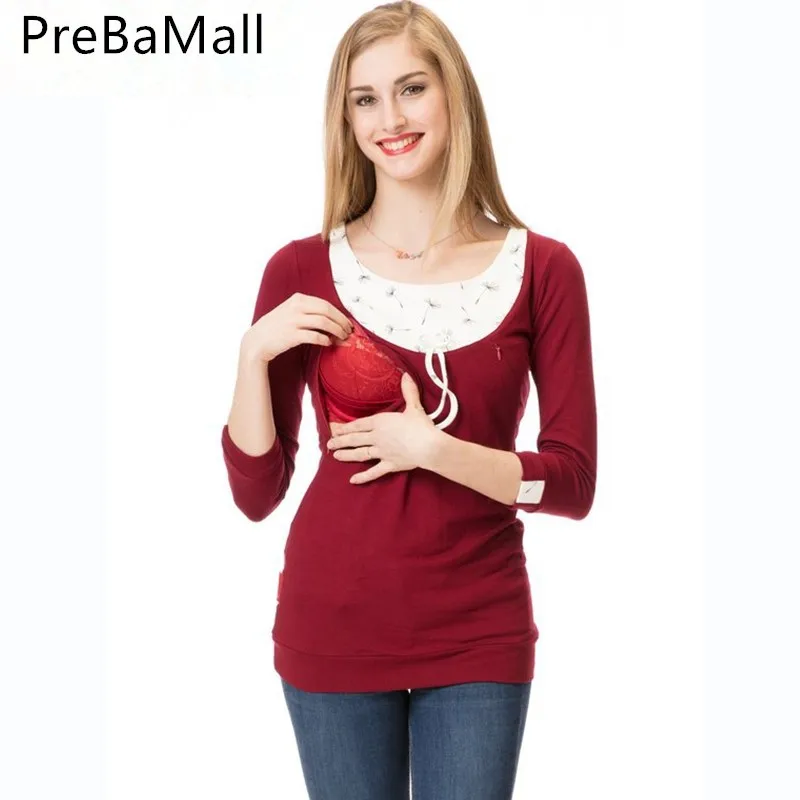 

Plus Size Pregnancy Nursing Shirts Long Sleeves Maternity Tops Clothes Breastfeeding Patchwork T-shirt for Pregnant Women B0614