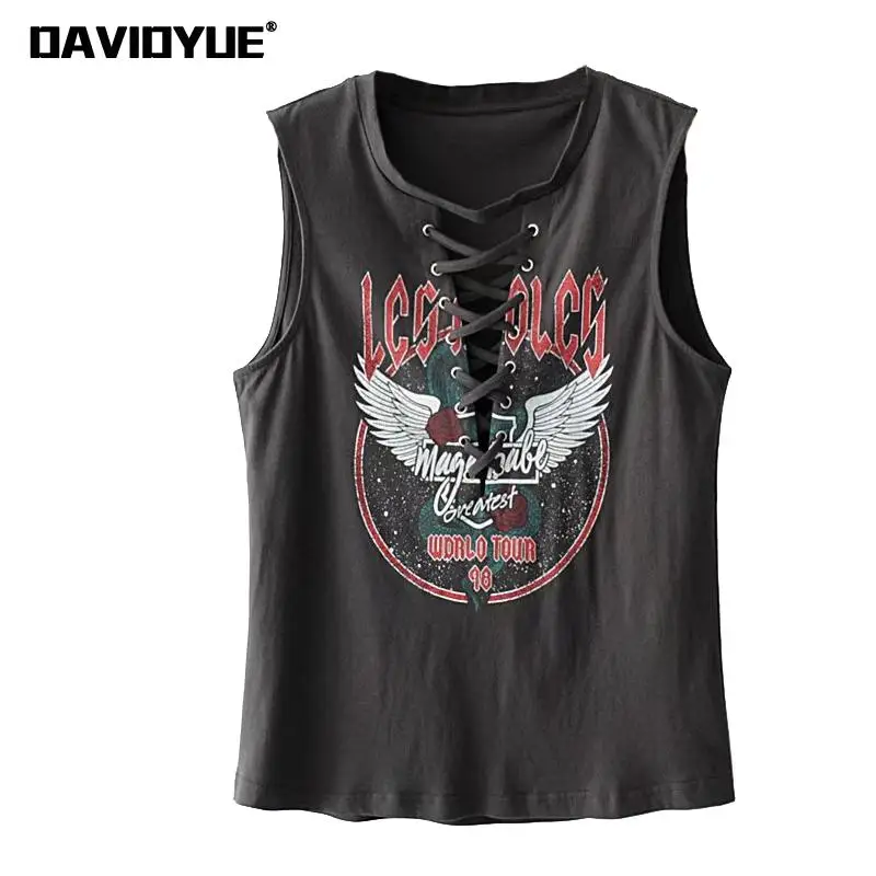 

Sexy lace up punk rock t shirt women tops Summer v neck sleeveless black t-shirt 2018 Steet letter print cotton poleras tees