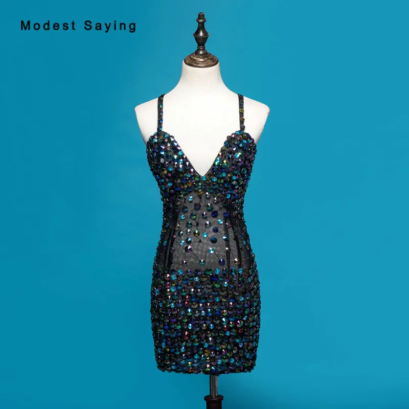 Real Sexy Luxury Black Party Dresses Transparent Diamond Rhinestone