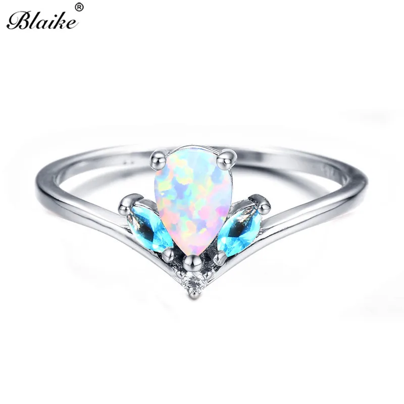 Blaike Charming Water Drop Purple/White/Blue Fire Opal Rings for Women 925 Sterling Silver Filled Birthstone Crystal Zircon Ring - Цвет основного камня: White Opal Ring