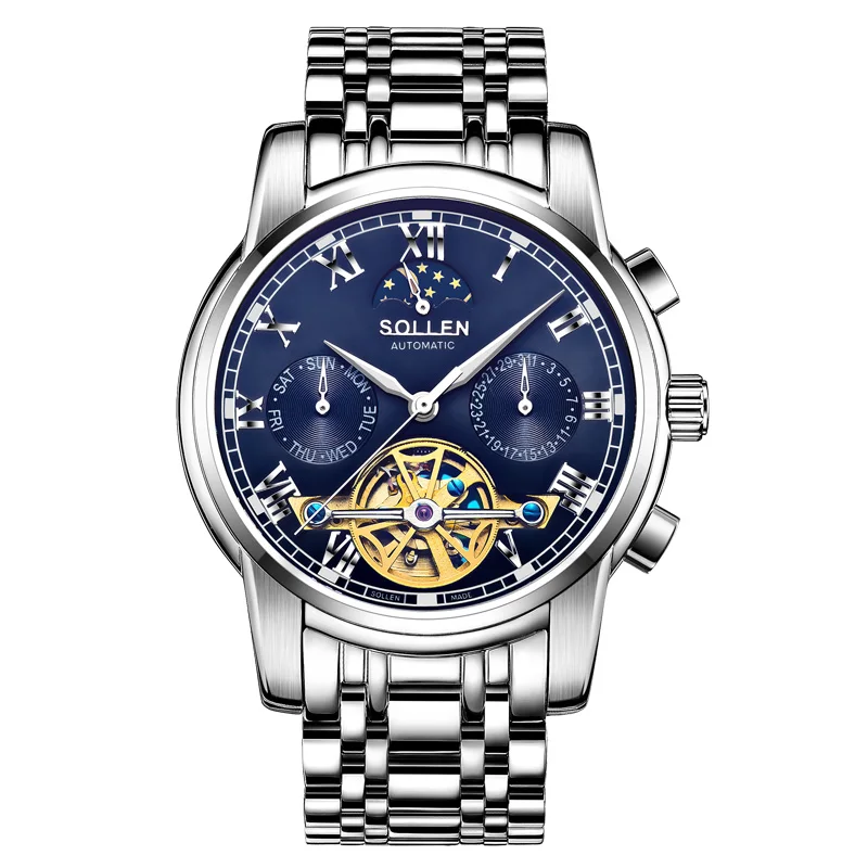 SOLLEN genuine men waterproof steel luminous watch hollow Tourbillon Automatic mechanical watches men