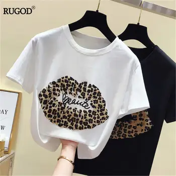 

RUGOD 2019 new European goods women's leopard print lip white t-shirt female short-sleeved shirt t-shirt top