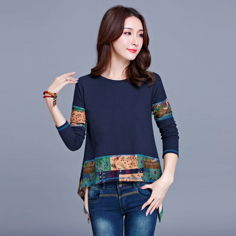 

KYQIAO women tops 2019 plus size women clothing Mexico style ethnic design long sleeve o neck navy blue print patchwork t shirt