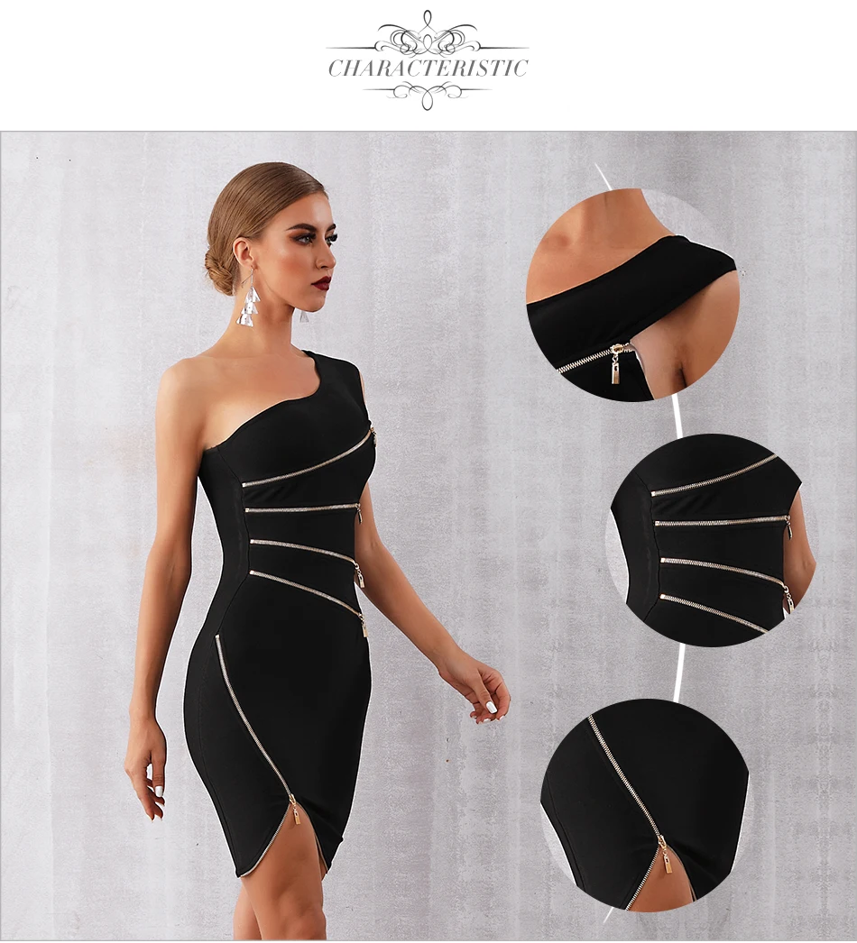 Elegant One Shoulder Zipper Black Club Party Bandage Dress