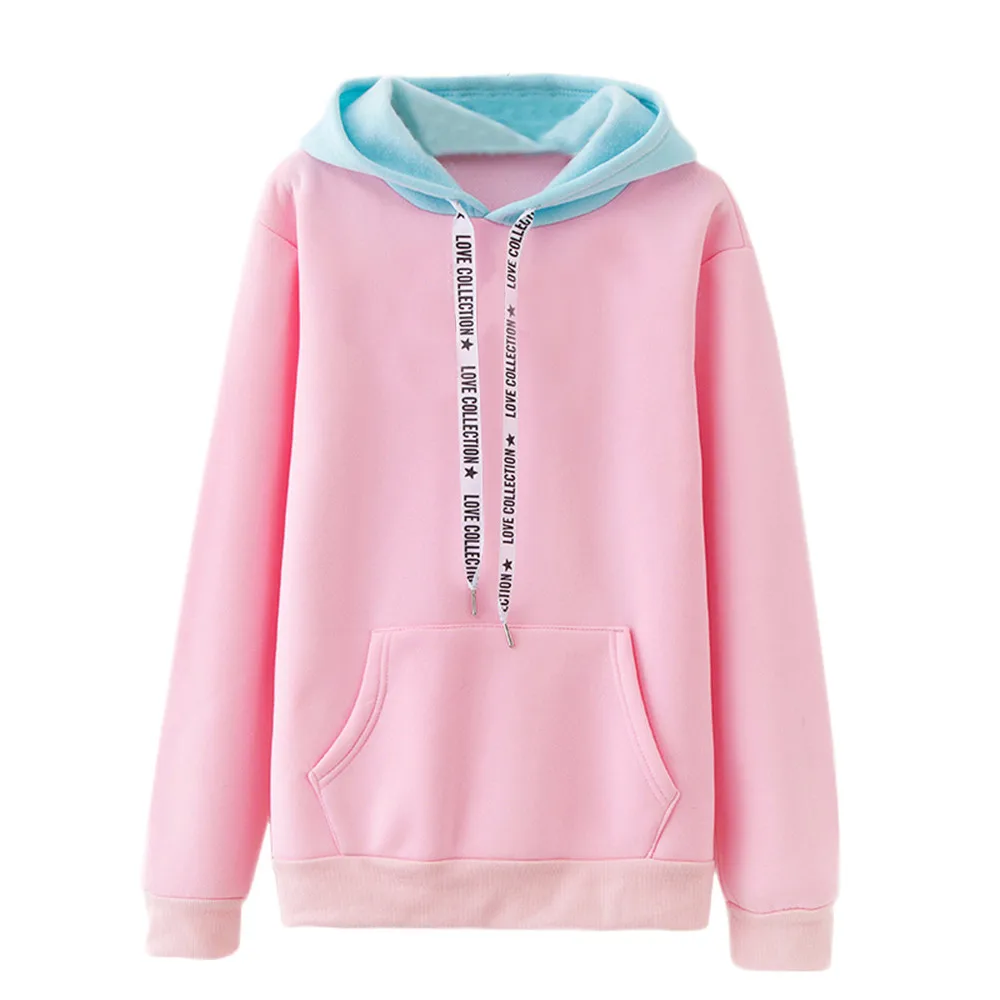 Women Hoodie Two Tone Long Sleeve Cute Contrast Hooded 2018 Female Pink ...