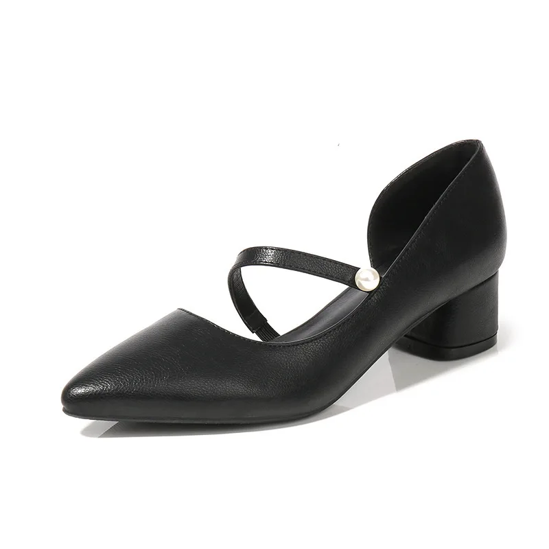 

2019 summer new comfortable simple solid color pointed high heels women comfortable wild pearl decorative single shoes