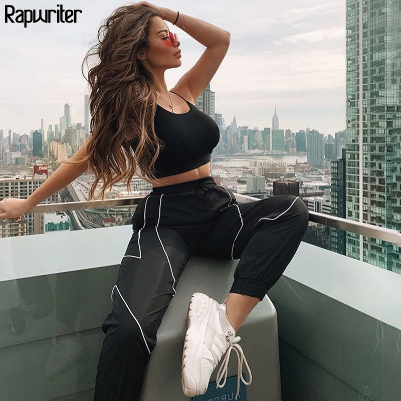 Rapwriter Fashion Reflective Strip Drawstring Sweatpants Women 2020 Fall Stretch High Waist Loose Streetwear Cargo Jogger Pants Rapwriter Fashion Reflective Strip Drawstring Sweatpants Women 2020 Fall Stretch High Waist Loose Streetwear Cargo Jogger Pants