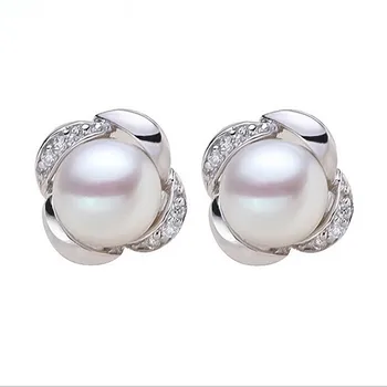 

Eternal wedding Women Gift word 925 Sterling real The natural pearl earrings genuine 8-9mm light flawless Princess 925 St