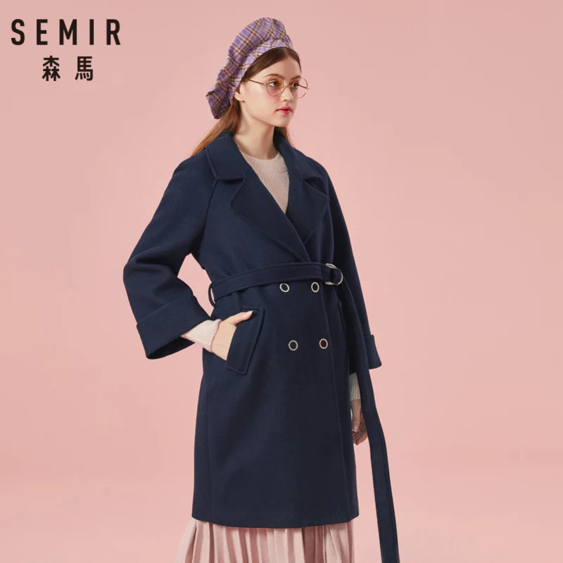 

SEMIR Women Double-Breasted Trench Coat Women's Wool Blend Coat with Slant Pocket Silky Polyester Lined for Winter