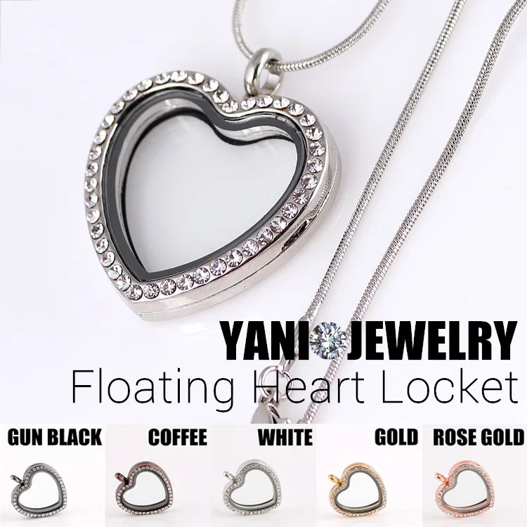 

10pcs/lot Fashion Crystal Floating Locket Heart Glass Locket for Charms Floating Heart Locket Pendant with Chain