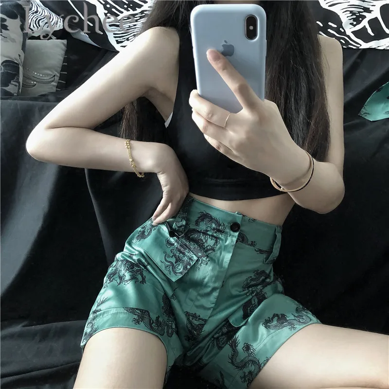 

Lychee Harajuku Dragon Print Women Shorts Above Knee High Waist Summer Spring Color Block Hit Color Loose Lady Shorts