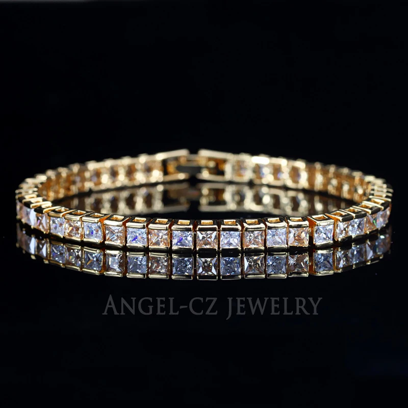 ANGELCZ классический квадратный искусственный изумруд камни золотой цвет простой теннисный браслет для женщин Зеленая кубическая циркониевая бижутерия AB036