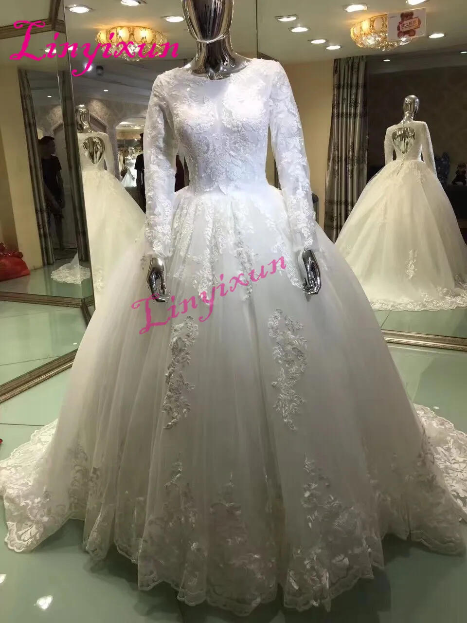 

Linyixun robe de mariage Wedding Dresses 2018 Custom Made Lace Appliques Ball Gown Cap Sleeve Tull Vestido de noiva