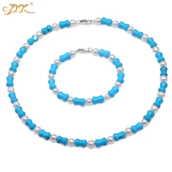 

JYX Beautiful 8*13mm Blue Bone-shape Turquoise with White Round Freshwater Pearl Necklace Bracelet Jewelry Gemstone Set