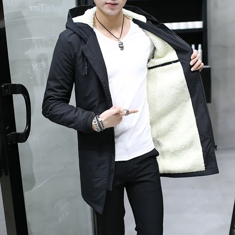 

Drop warm Winter Jacket men hooded Slim Korean Parka Hombre long Jacket coat velvet mens windbreaker Parkas cotton youth