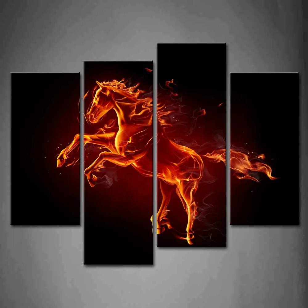 

Framed Wall Art Pictures Red Flame Horse Canvas Print Artwork Animal Modern Posters With Wooden Frames For Living Room