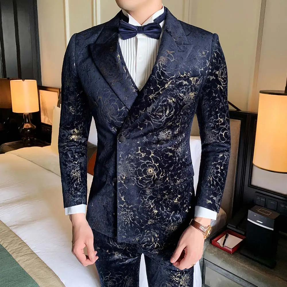 Азиатский размер новые синие мужские для выпускных, свадеб Свадебная вечеринка смокинги Модный цветочный Печатный костюм для мужчин s 3 шт Slim Fit Мужские костюмы - Цвет: print blue