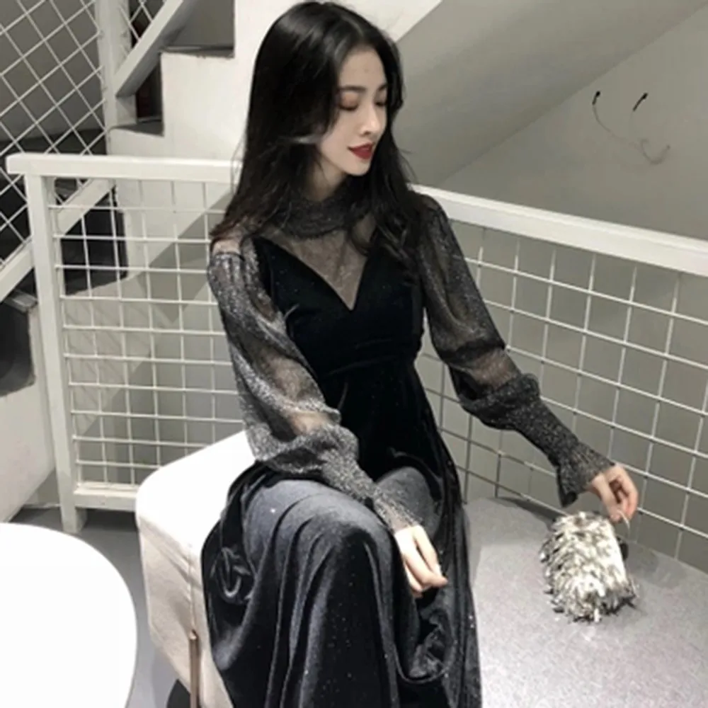 

2019 Fall Gothic Elegant Office Lady High Street Women Suits Pullover Aline Plain Female Shirts Black Dresses Fashion Suits