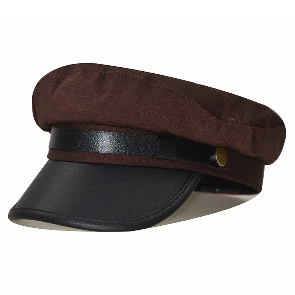 Военная Кепка Женская Осенняя шапки для мужчин и женщин Дамская армейский милитари шляпа Pu кожаный козырек Черная шапка Матросская шляпа костяная Мужская - Цвет: Coffee
