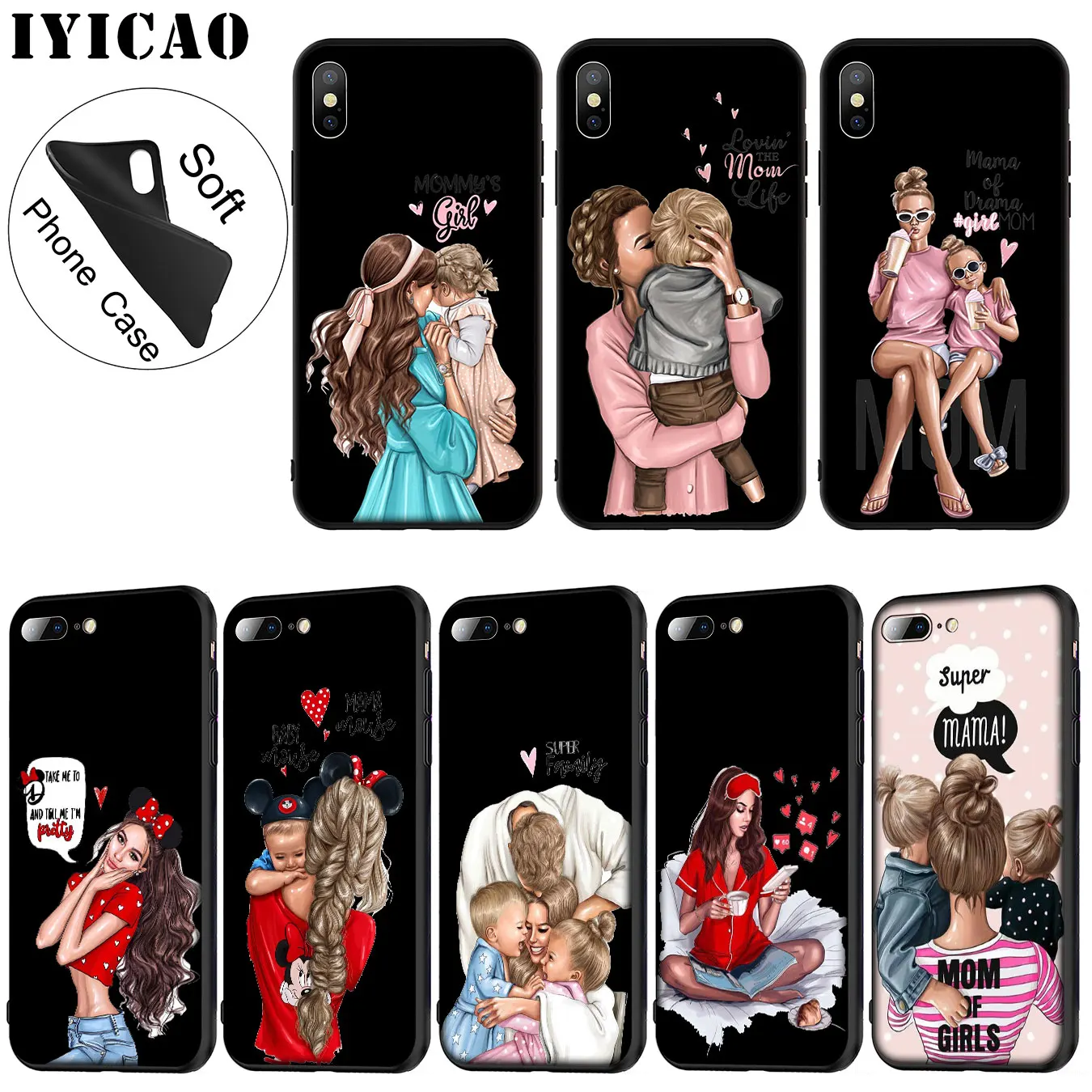 

IYICAO Black Brown Hair Baby Mom Girl Queen Soft Silicone Phone Case for iPhone XR X XS 11 Pro Max 6 6S 7 8 Plus 5 5S SE 10
