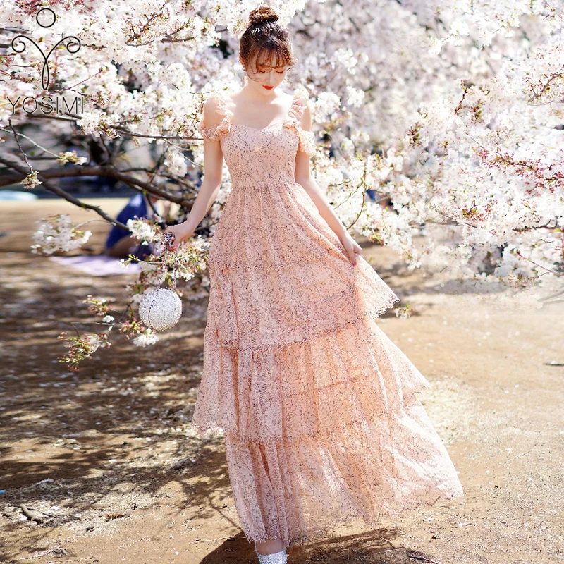 

Long Dress 2019 Summer Party Dress Elegant Maxi Floral Lace Long Women Dress V-neck Sleeveless Tank Cascading Ruffle Club Dress