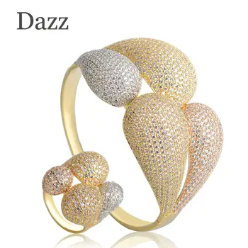 

Dazz Dubai Wedding Copper Jewelry Sets For Women Three Tone Bride Accessories Cubic Zircon Elegant Wide Bangle Ring Set Anel