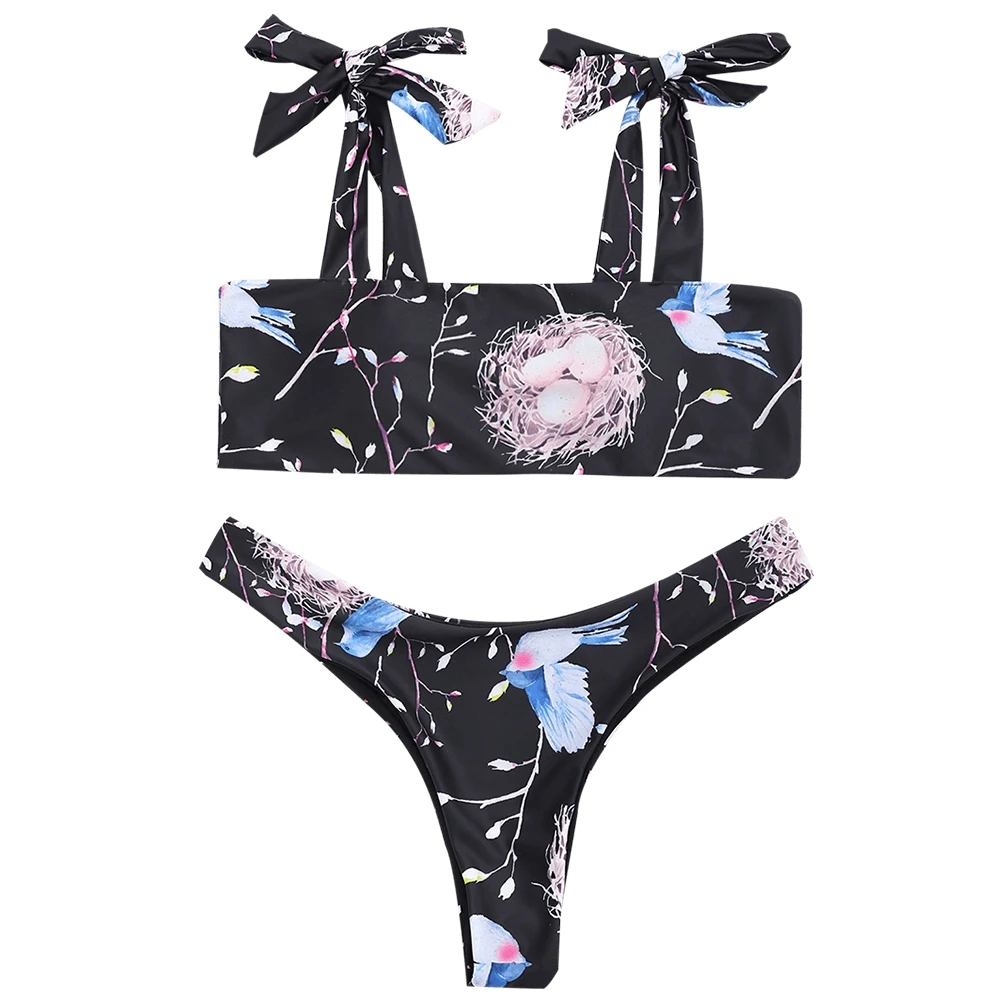 Girls Cute Shoulder Strap Bird Print Bow knot Bikini Set Women Bandage