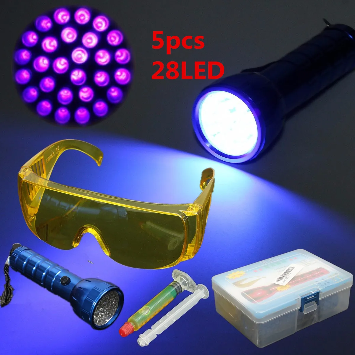 5Pcs Auto A/C 28LED UV Flashlight Car Fluorescent Fluid Leak Detector