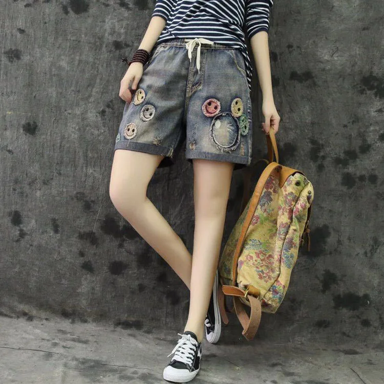 

QPFJQD Retro Summer Denim Shorts Elastic Waist Hole Casual National Style Embroidery Jeans Short Female Patchwork Straight Pants